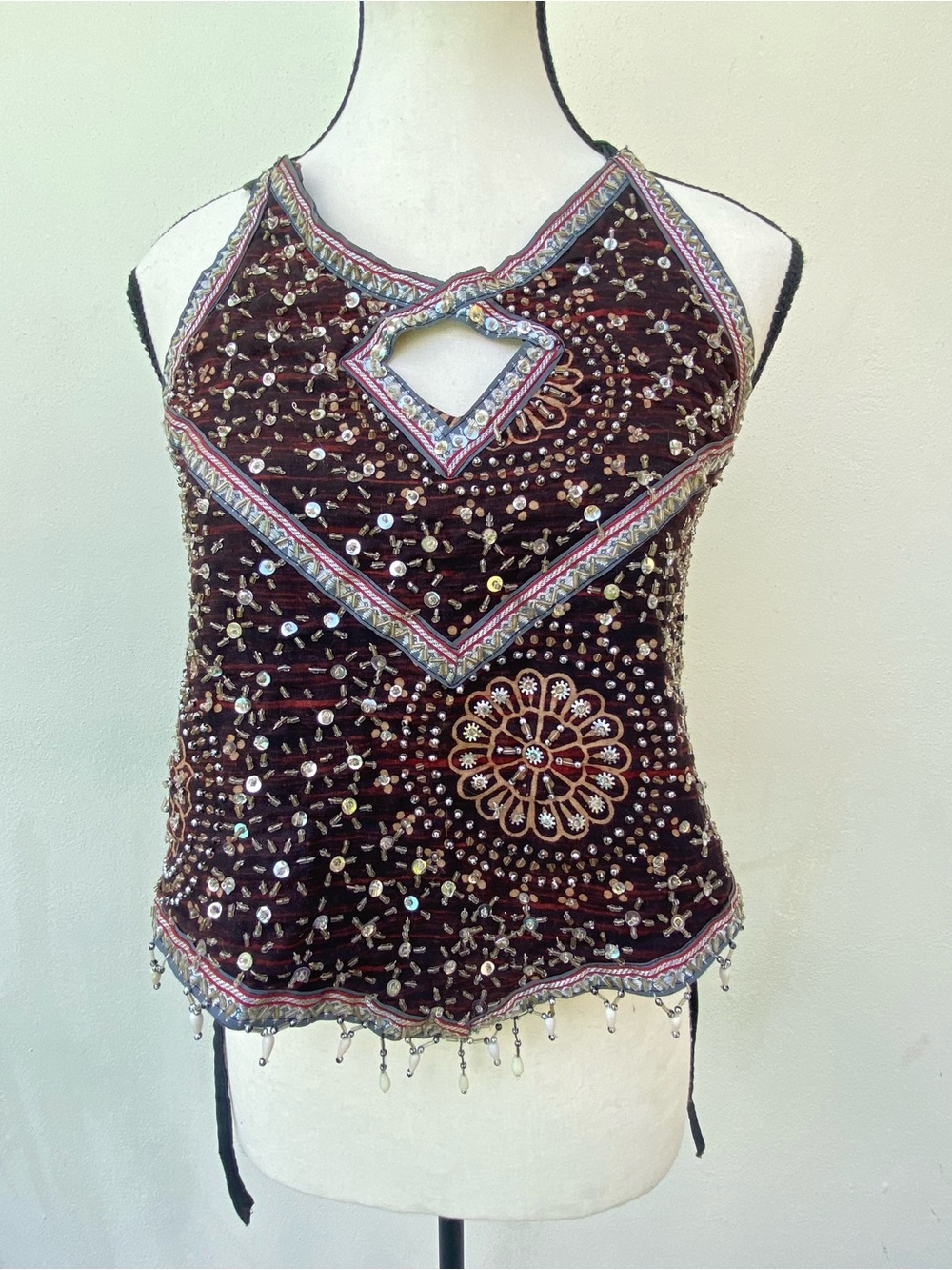 Vintage Dark Brown & Red Bead Embellished Fairy Top Size S/M